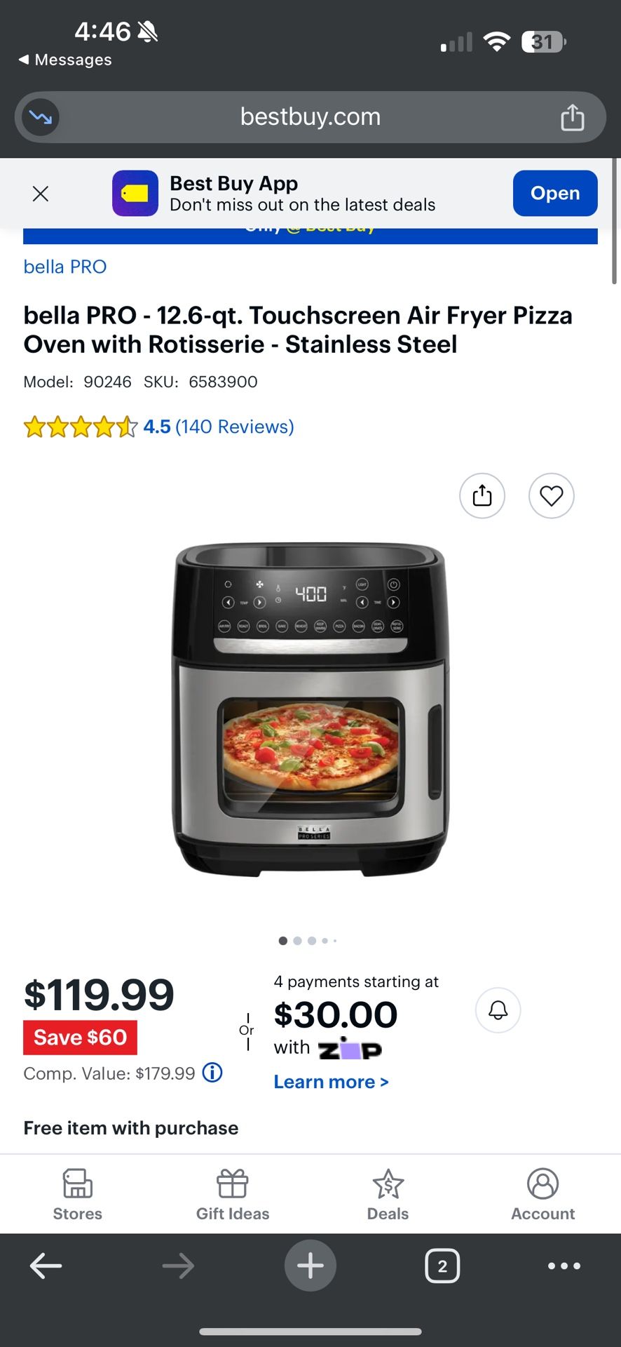 bella PRO - 12.6-qt. Touchscreen Air Fryer Pizza Oven with Rotisserie - Stainless Steel Used