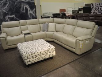 Moto Motion Teller Leather 6 PC Right Lift Sectional - Cream | L-Shaped Couch | Corner Couch