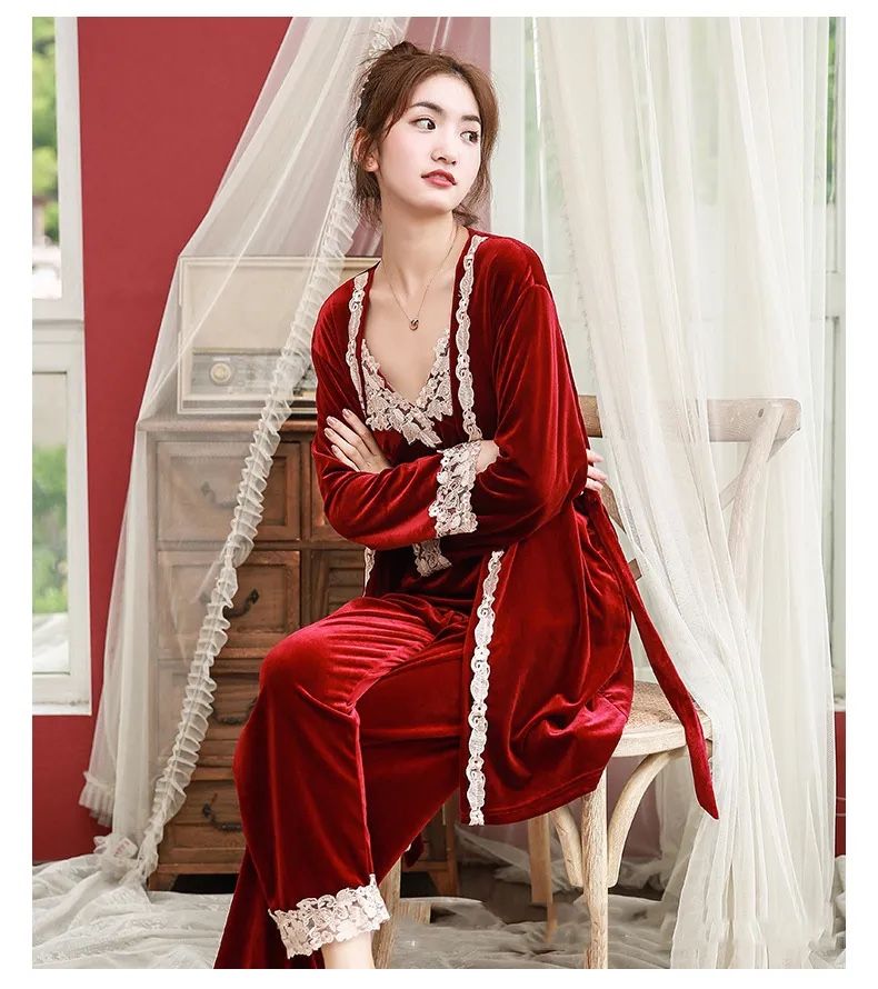 Velvet Lace Trim 4PCS Pajamas Set Sexy Autumn Winter Sleepwear & Women Nightgown Home Wear