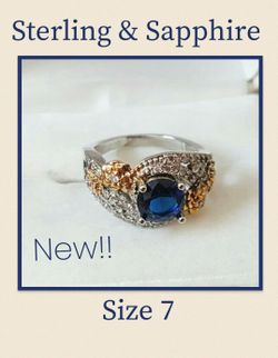 NEW Sterling Silver 925 & Blue Sapphire Ring; Size 7