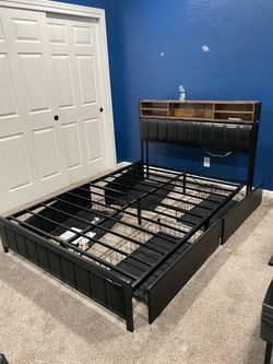 Full Size Metal Platform Bed Frame with Storage Headboard