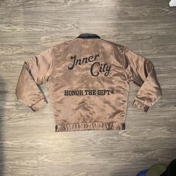 Honor The Gift Inner City Neighborhood Satin Bomber Jacket Brown Men’s Sz XL