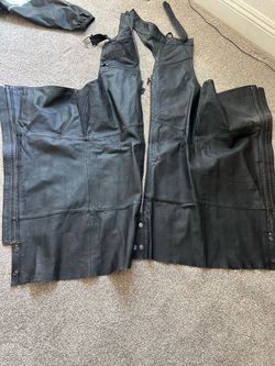 Leather riding chaps and full body riding suit