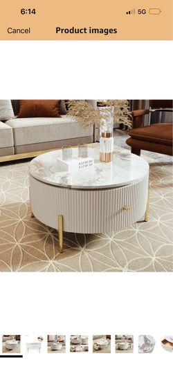 Modern Round Coffee Table with Storage Drawers – White & Gold Marble Look