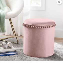 Kvell Pom Pom 15" Kids Storage Ottoman, Velvet Upholstery, Blush