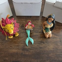 Set Of 3 Vintage Disney Grolier Christmas Tree Ornaments Pocahontas, Little Mermaid And Simba