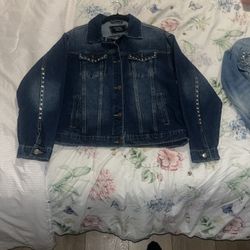 Women’s Jean Jacket With Studs And Heart Cut Out In Back