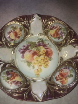 Antique Hand painted Porcelain Fruits  Scalloped Bowl 