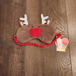 New Nordstrom navy deer sleep mask features plush brown fabric and a red nose.