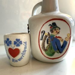 Vintage Anton Riemerschmid Porcelain Small German Liqueur Bottle Jug with Cup - Different Painting on all 4 Sides