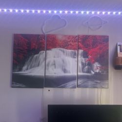 Red Tree And Waterfall 3pc Paintings