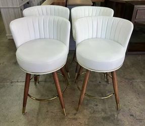 New assembled 24 Inch Brown Leather Swivel Counter Bar Stools Set of 2 navy blue 
Upholstered pleated backs, wood legs, gold footrests, 300lbs capacit