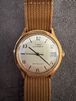 Timex Automatic Men’s Vintage Gold Tone 34mm Silver Dial Date NATO Running