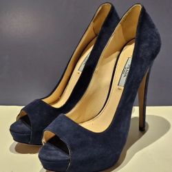 Prada EUR 38.5 US 8.5 ultramarine navy suede peep toe platform heel