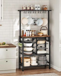 Pots and Pans Organizer Rack, Kitchen Bakers Rack, Multi-Tier Storage Shelf, Kitchen Island Table, Cooking Rack with Pots and Pans Storage, Rustic Bro
