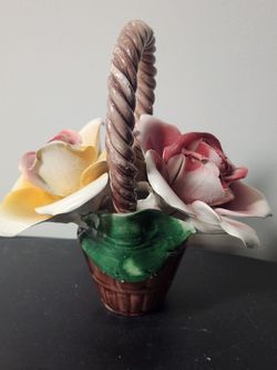 Vintage Capodimonte Flowers In Basket Pale Pink and Yellow