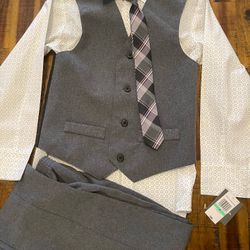 Size 8 Kids Gray Suit Outfit With Tie Vest Pants And Button Up Shirt