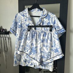 Blue Floral Pajama Set Short Sleeve Button Up Piping Size S 