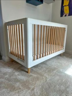 White and Natural Wood Baby Crib