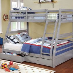 Twin/Full Gray Bunk bed w. Drawers & Ortho Mattresses Included 
