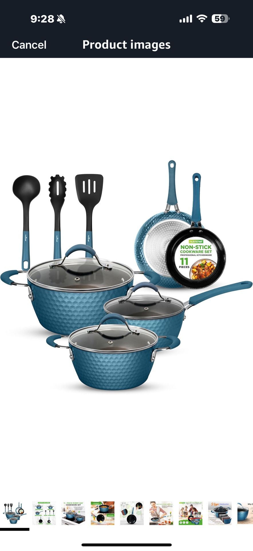 NutriChef 11 Pc Ceramic Cookware Set - Excilon Blue Diamond, Nonstick, Induction Ready, Includes Saucepan, Fry Pans, Dutch Oven, Utensils, Dishwasher