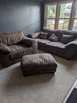 Brown Microsuede Sectional Sofa with Ottoman