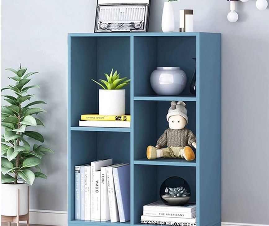 5 Cube Bookshelf, Blue Kids Book Shelf with Cubby Storage,Wooden Modern Bookcase Freestanding Display Book Case,Children Toy Organizer,Bookshelves