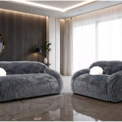 Sofa And Loveseat Dark Grey Faux Fur. New Especial Price 