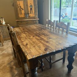 Rustic Western Dining Set Table Chairs Hutch