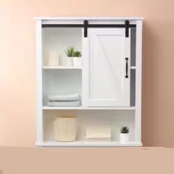Farmhouse Medicine Sliding Barn Door Bathroom Wall Cabinet, White