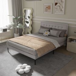 Iron Platform Bed Frame with Wooden slats support & Upholstered Headboard - Grey