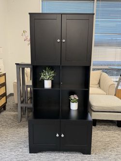 67” Tall & Wide Freestanding Storage Cabinet, Black Wooden Organizer with 4 Doors & Adjustable Shelves, Perfect for Kitchen, Bathroom, Bedr