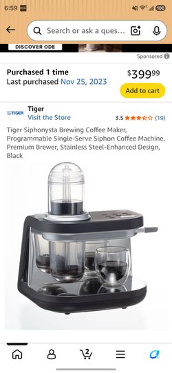 Tiger Siphonysta Brewing Coffee Maker, Programmable Single-Serve Siphon Coffee Machine MSRP $499