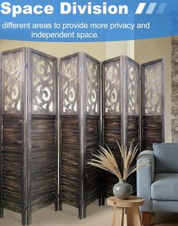 7 Panel 5.6FT Tall Rustic Brown Wood Carved Room Divider -NEW