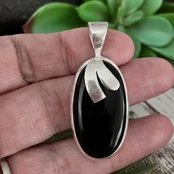 Natural Black Onyx Silver Gemstone 1.8” Pendant
