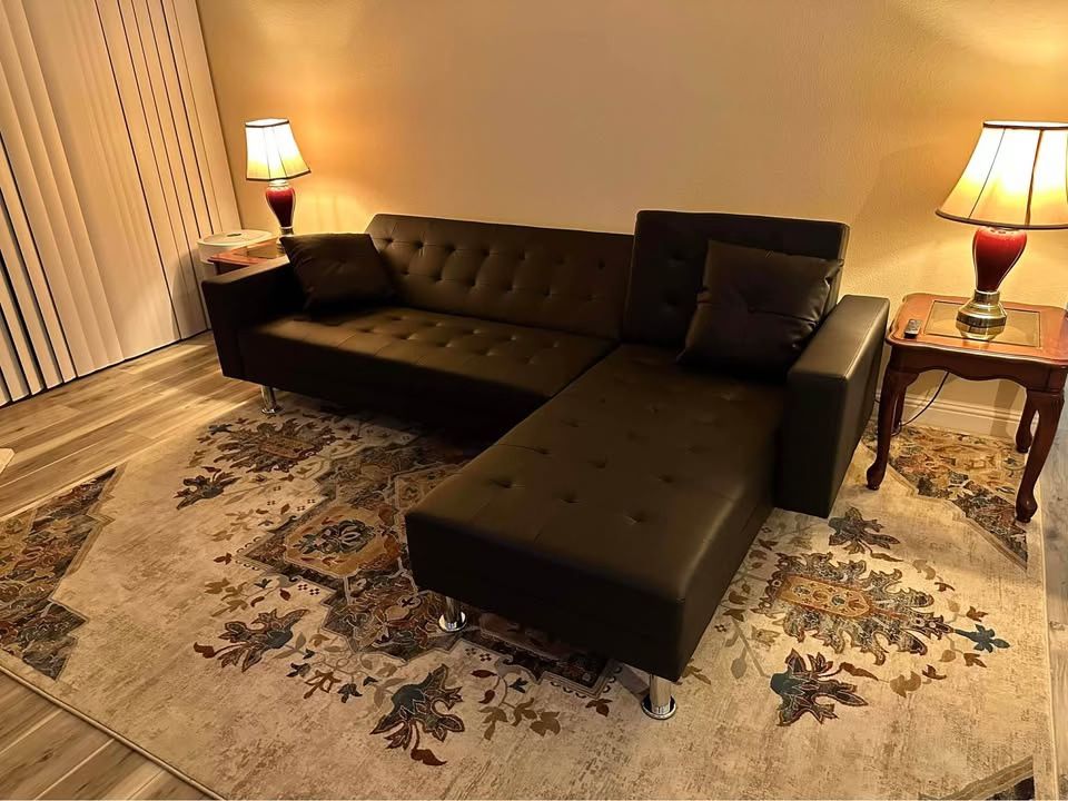 New Black Or White Leather Sectional W With Click / Clack Sofa Bed. Free Delivery!