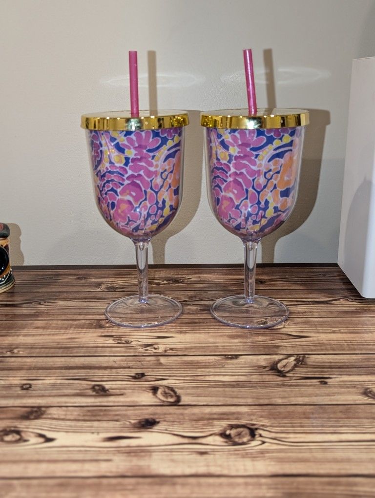 Lilly Pulitzer Set Of Two Plastic Wine Cups With Straws