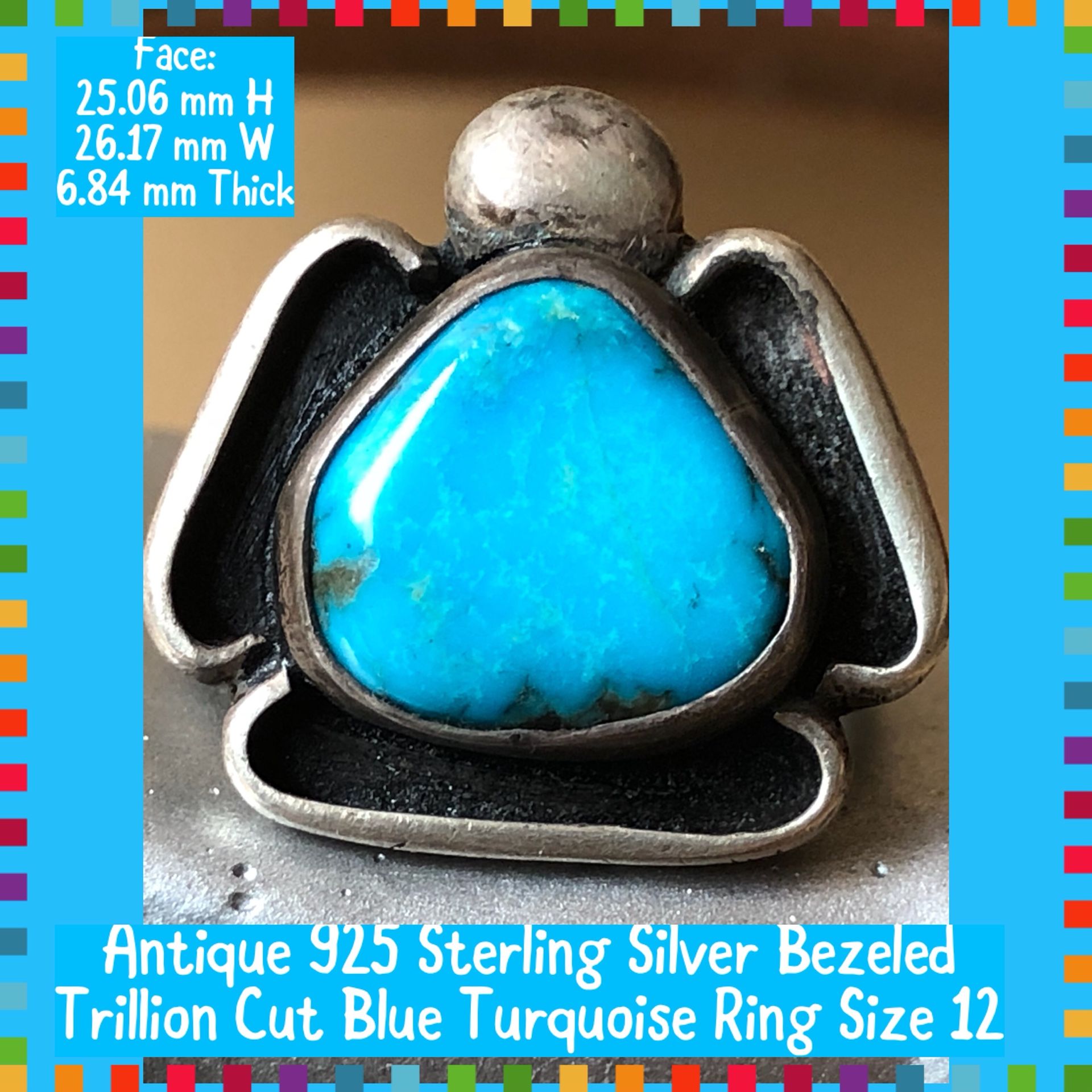 Antique 925 Sterling Silver Bezeled Blue Turquoise Ring 12