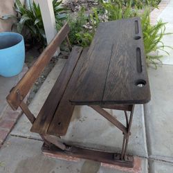 Antique, Genuine, Inkwell Wooden  Oak Double School