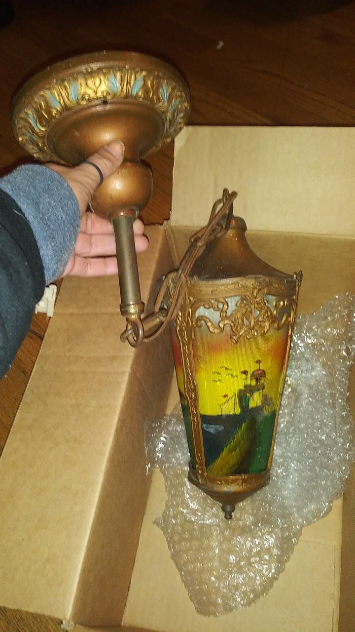 Antique Reverse Painted Hanging Lamp
