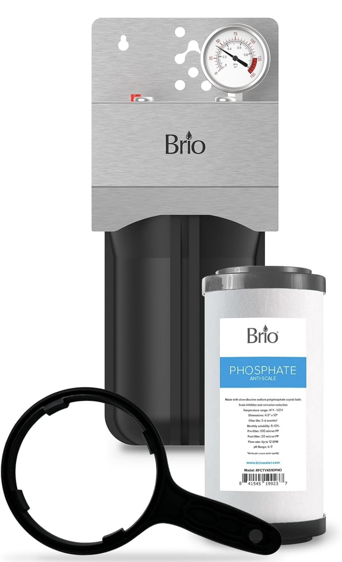 Brio Whole House Water Filter System w/Gauge & Fast-Flow Phosphate Anti-Scale Filter (5 Micron) 4.5" x 10" | Improves Taste & Protects Home Appliances