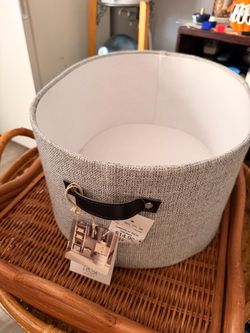 Gray Fabric Storage Basket with Leather Handle