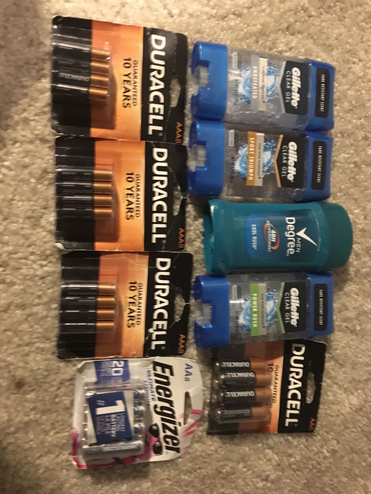 New 3 pack of triple aaa Duracell batteries&1 double aa energizer pack&3 gillette deoderants&1 men’s degree deodorant