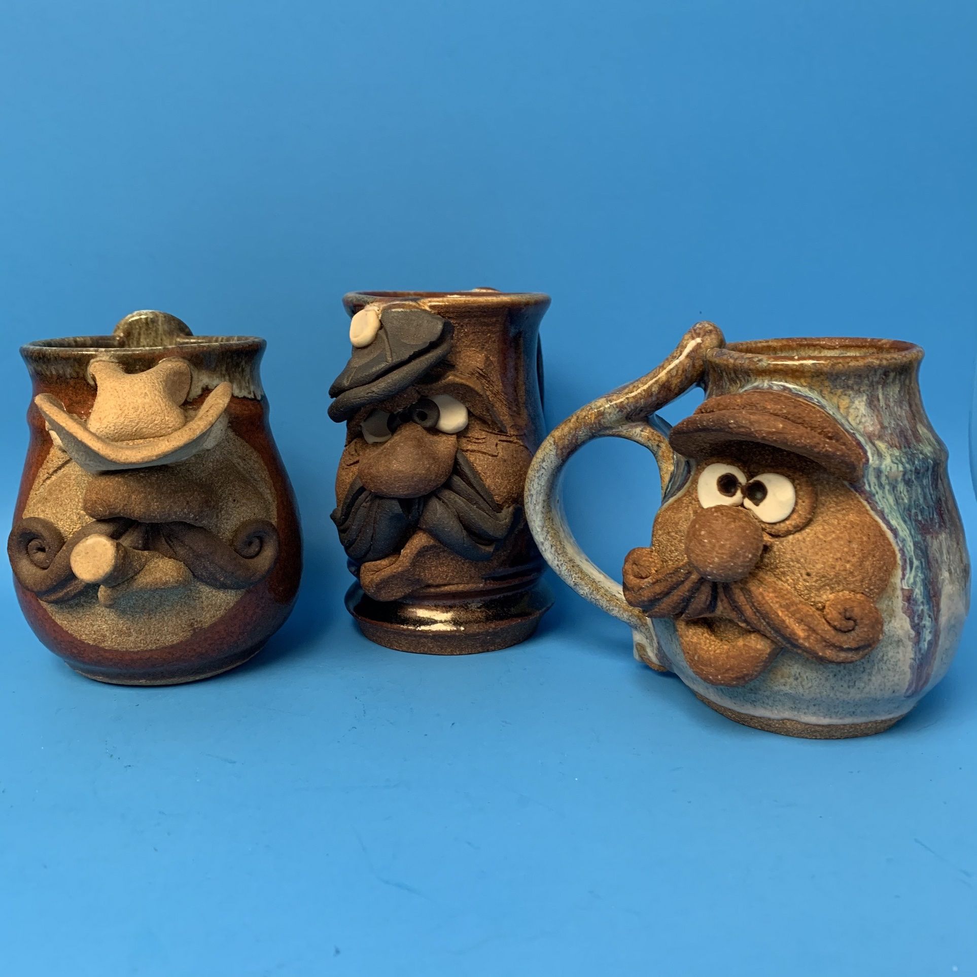 3D UGLY FACE Coffee Mugs Set (3) VINTAGE 70s 80s GLASS Tea Cup MAHON MMS Pottery CERAMIC Artist Signed COLLECTIBLE Japan Rare