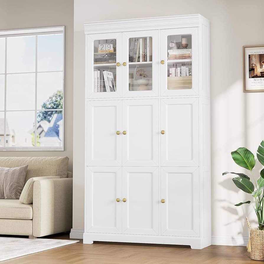 71" Tall Bookshelf and Bookcase with Glass Door, 6-Tier Large Book Shelf with Storage Cabinet, Floor Standing Cabinet Bookshelves with Adjustable Shel