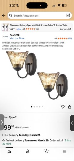 Rustic Finish Wall Sconce Vintage Vanity Light with Amber Glow Glass Shade for Bathroom Living Room Hallway Staircase Set of 2