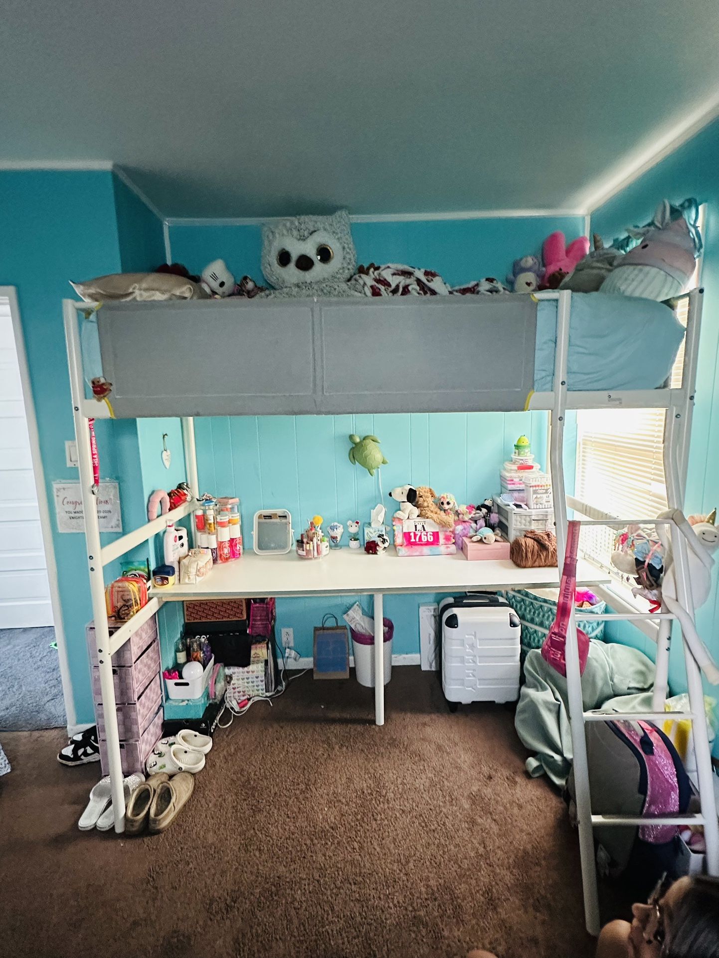 Loft bed frame with desk top, white/light gray, Twin