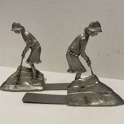 Vintage Stain Zinn Pewter Lady Golfer Book Ends