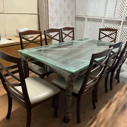 8 Chair  Wood With Glass On Top Table 