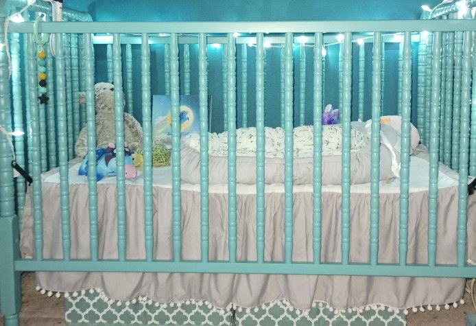 New Nursery Set - Crib Skirt, Sheets, Teethers, Storage Bins & Newborn Robe - STARS - Turquoise & Gray